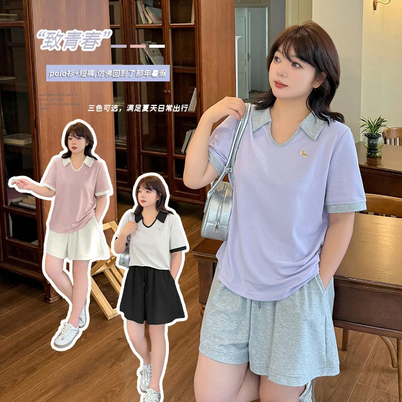 胖mm学院风减龄polo领休闲套装2025夏季新款宽松显瘦两件套232452