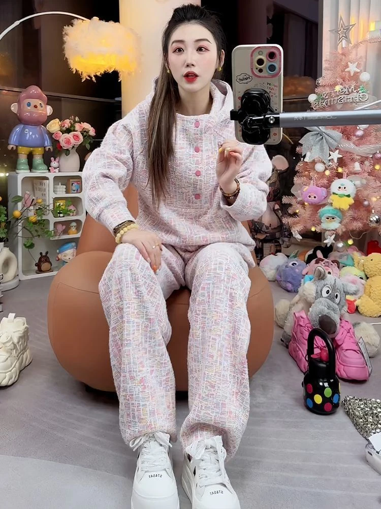 2025年加绒新款休闲套装女韩版气质百搭连帽卫衣宽松遮肉裤两件套