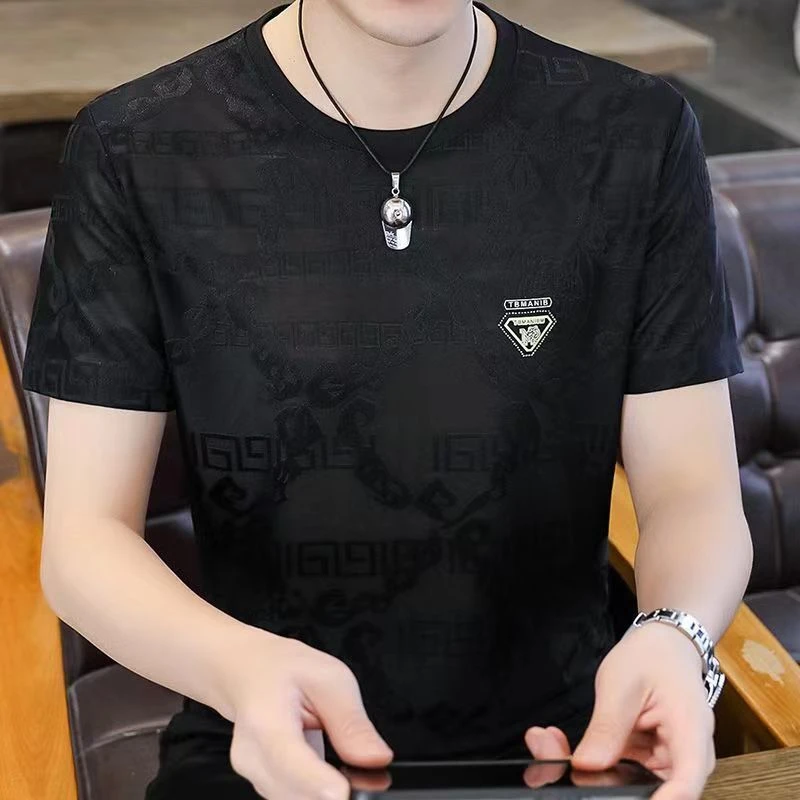 夏季新款冰丝速干短袖T恤男士大码宽松薄款打底衫运动透气上衣服