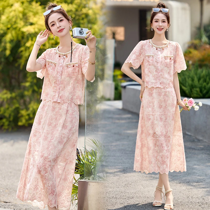 法式小香风蕾丝套装裙女2025夏季新款设计感时尚减龄半身裙两件套