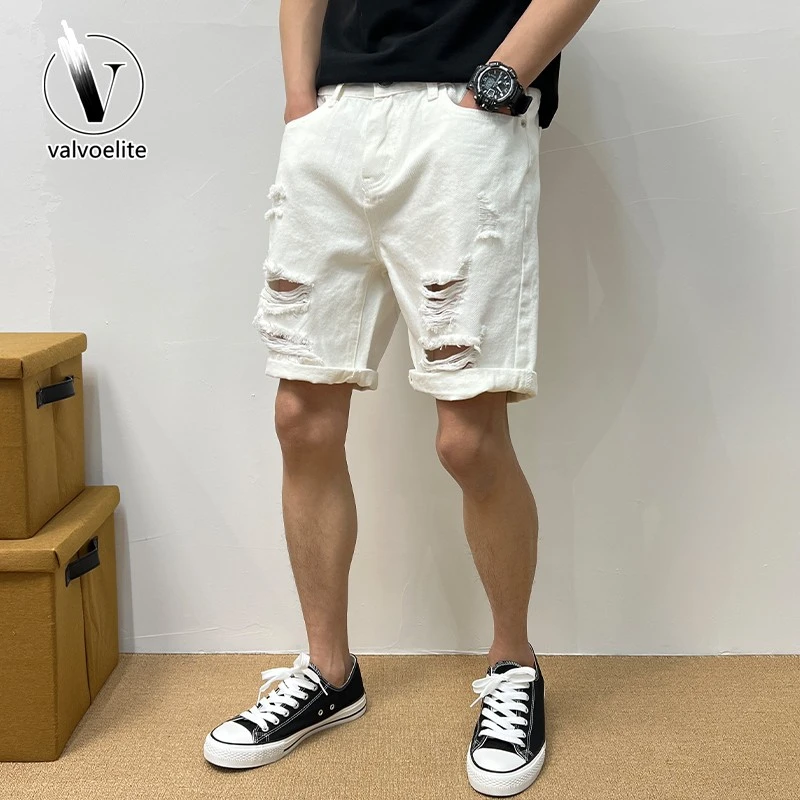 VALVOELITE白色牛仔短裤男夏季新款破洞流行乞丐五分中裤美式百搭