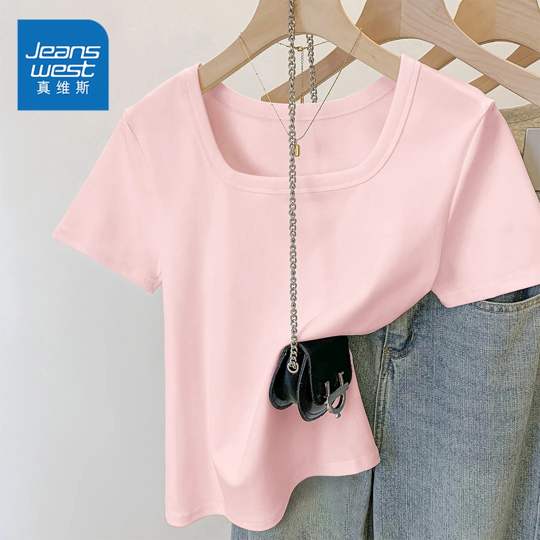 真维斯粉色短袖女T恤夏季2025新款方领甜美设计感小众短款上衣潮