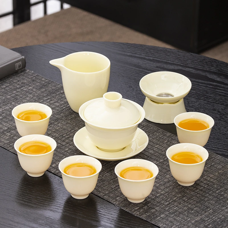 晟翔陶瓷茶具羊脂玉瓷宝石黄盖碗10头