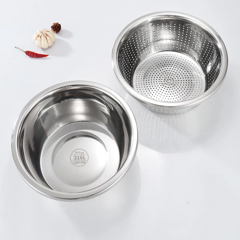 [两件套]20cm不锈钢小号漏盆米筛厨房淘米洗菜沥水盆BT