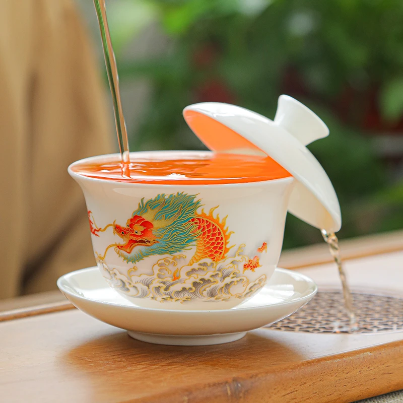 瓷盖碗悬停三才盖碗陶瓷功夫茶具泡茶杯大容量羊脂玉白瓷160ML