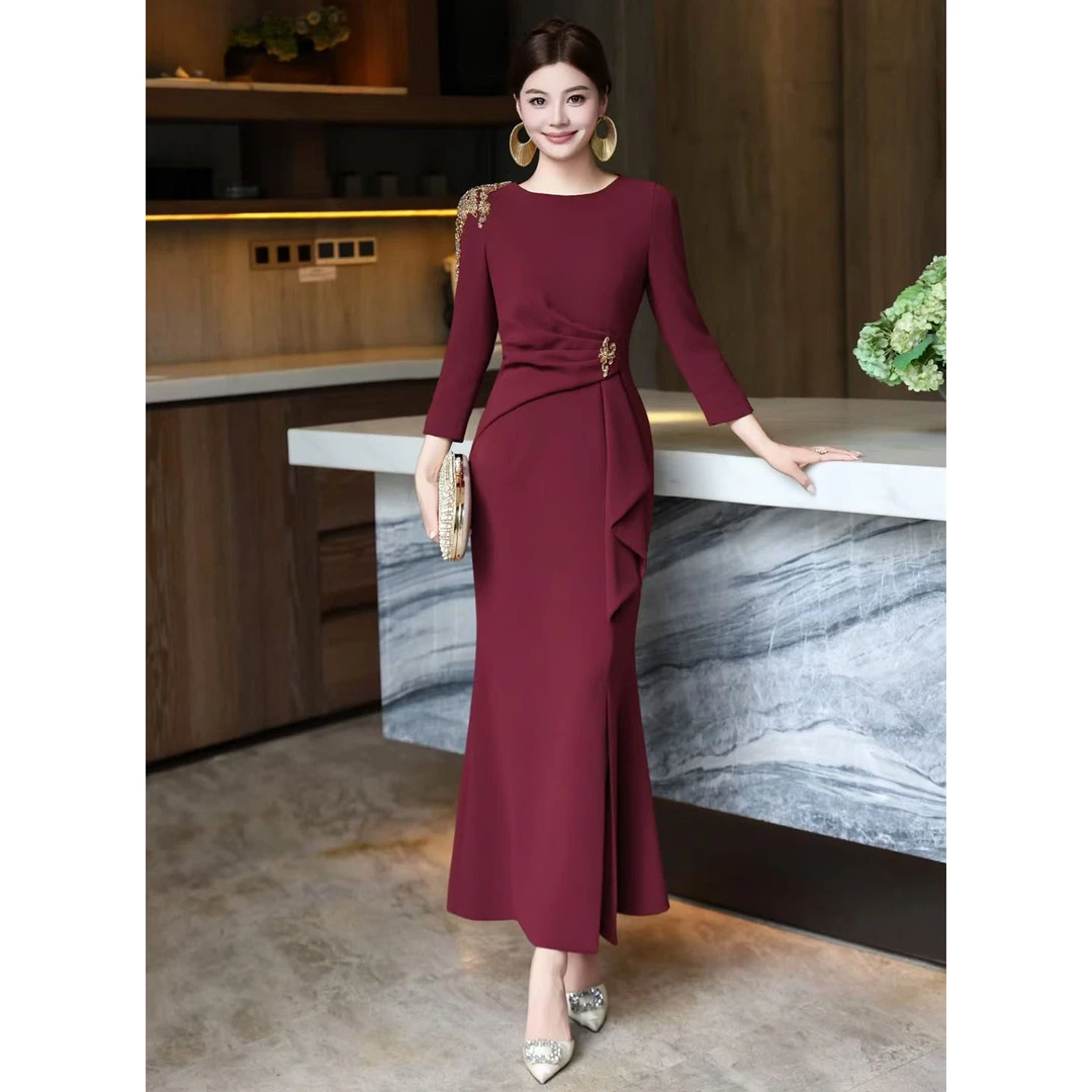 高档婚礼喜妈妈重工订钻七分袖礼服裙敬酒服晚礼服名媛优雅连衣裙