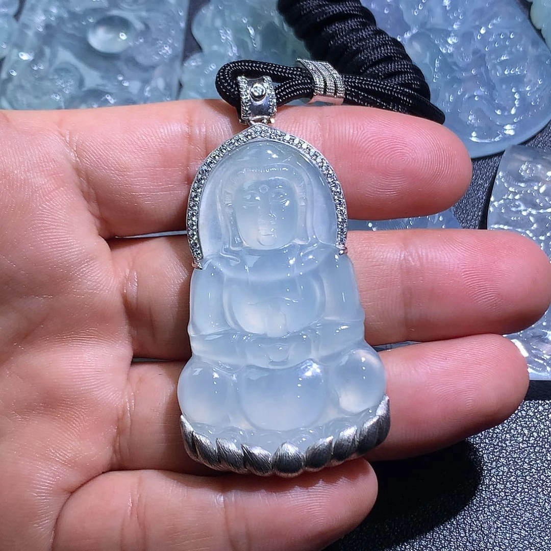 翡翠未镶嵌挂件银镶嵌观音