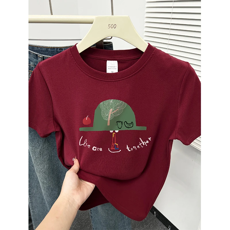 酒红色正肩圆领短袖t恤打底衫女夏韩版洋气休闲内搭别致小衫上衣