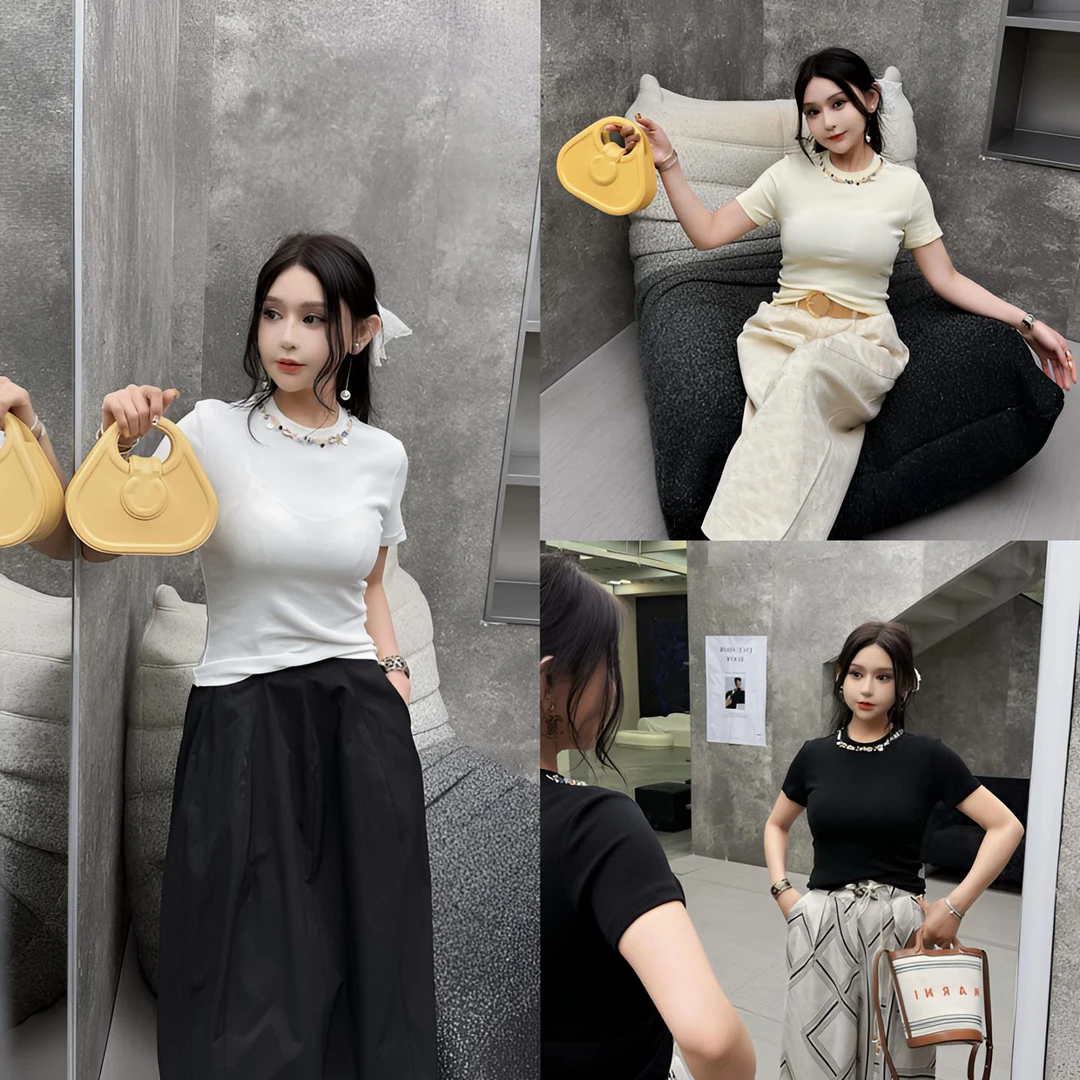 姗蔓深圳原版/551公主早茶~设计感领口重工百搭短袖T恤