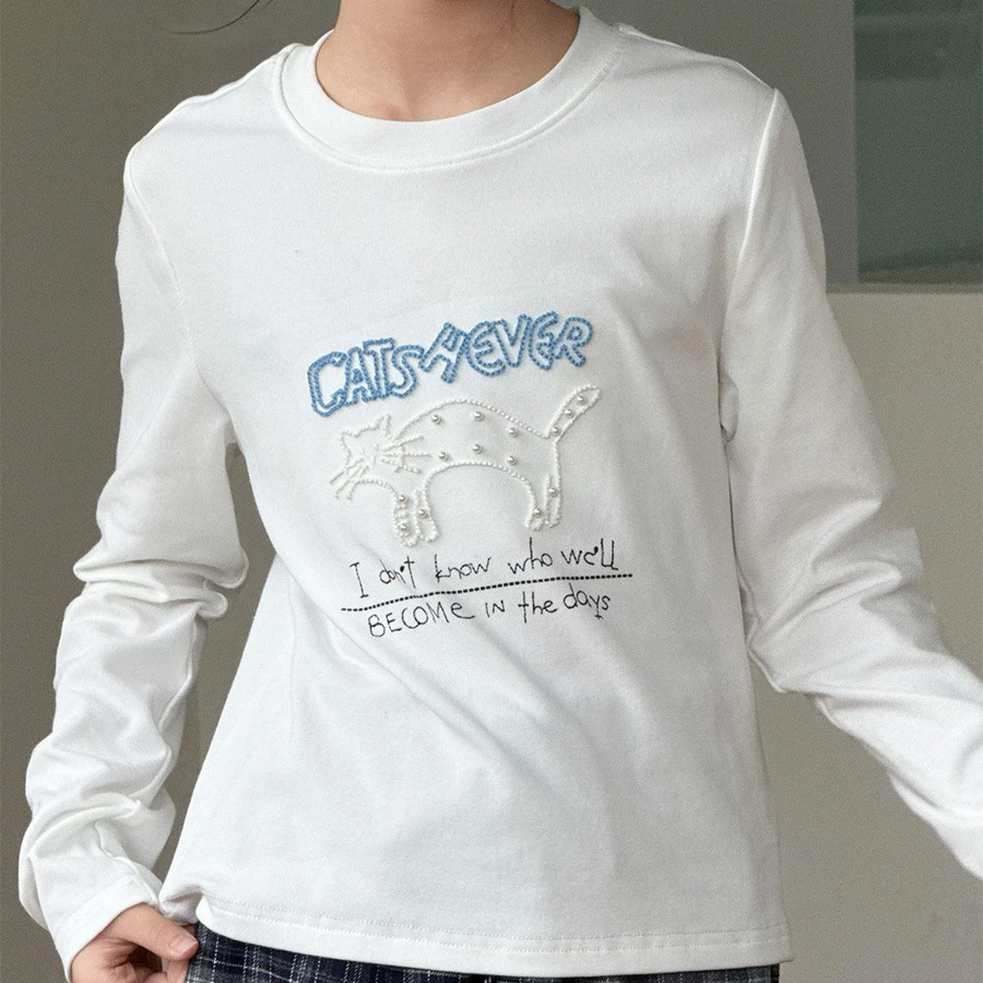 女童可爱字母猫猫刺绣韩系设计感2025秋季新款正肩修身长袖T恤