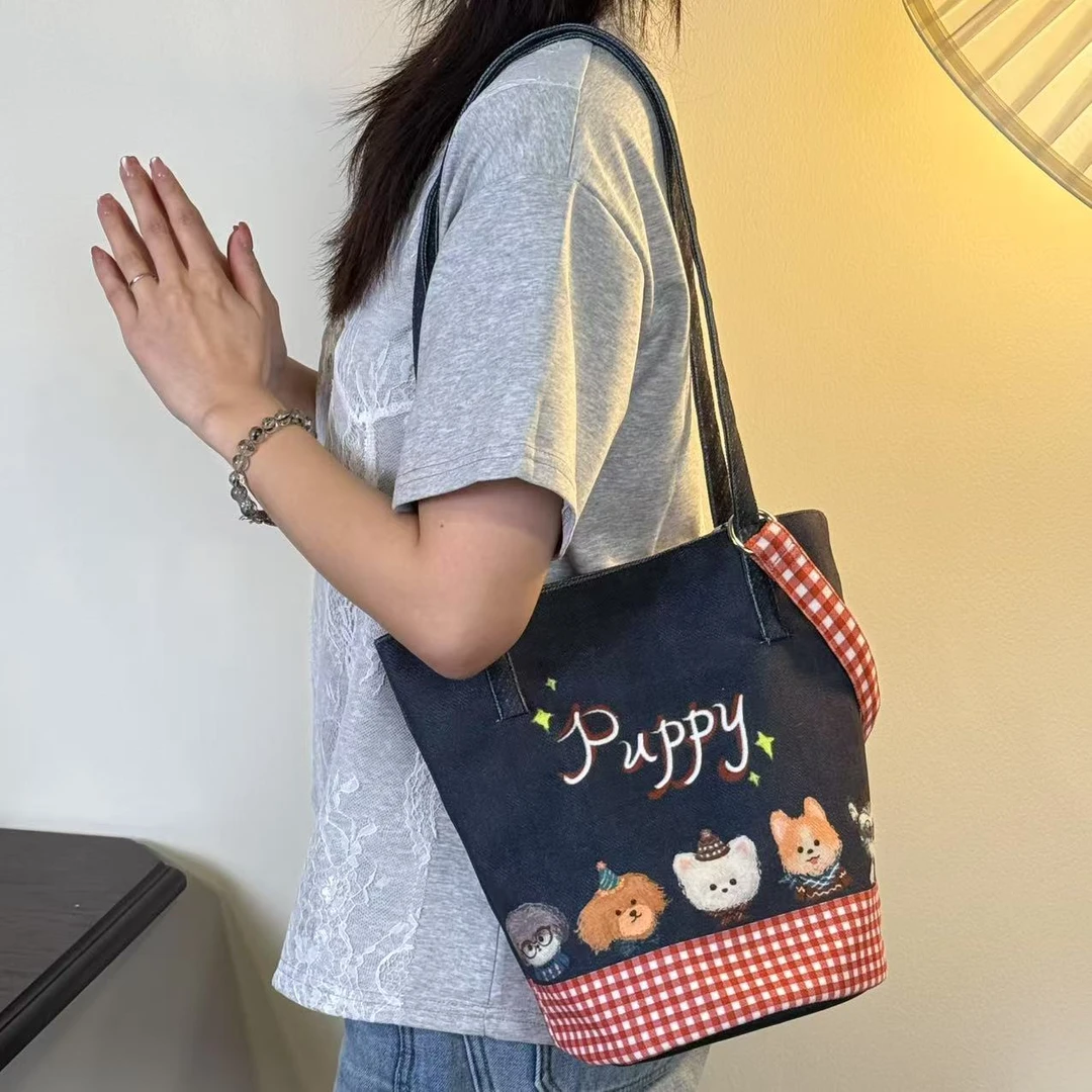 牛仔狗狗细肩带水桶包可斜挎可爱休闲水桶包