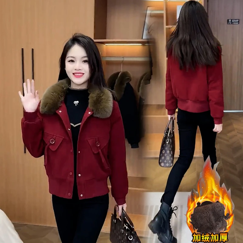 加绒加厚短外套女2025秋冬新款洋气大毛领保暖小个子短款上衣夹克
