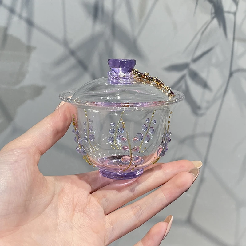 奉茗 高硼硅玻璃立体紫藤花盖碗不烫手功夫泡茶碗高端送闺蜜朋友