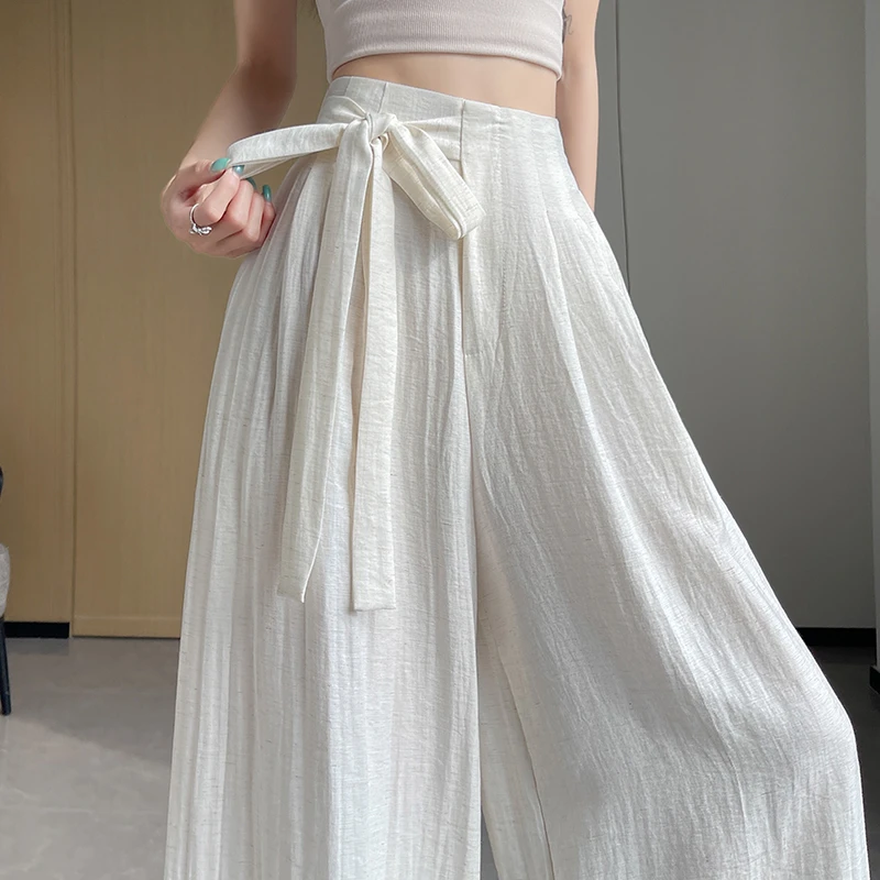 棉麻阔腿九分裙裤女夏季薄款绑带高腰垂感拖地休闲山本裤
