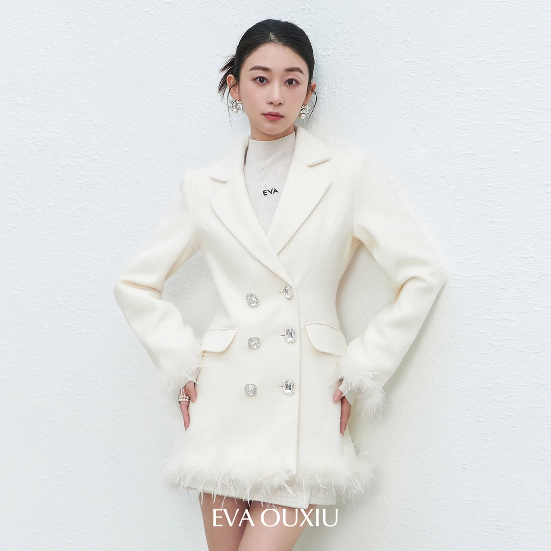 EVA OUXIU/伊华欧秀白色时尚轻奢气质小香风毛呢外套 45WLS5661