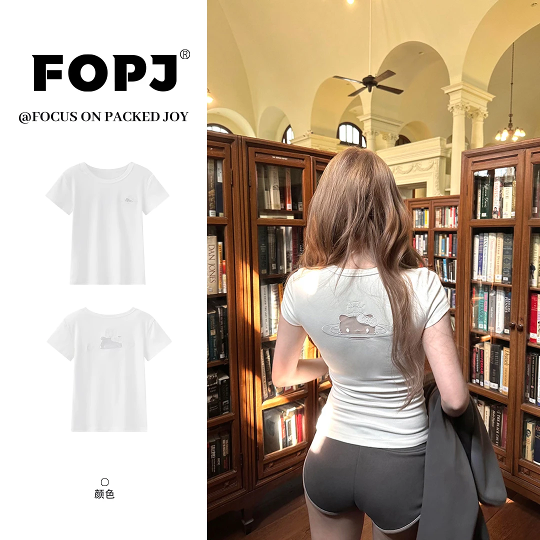 FOPJ辣妹风kitty镂空刺绣t恤女夏季新款修身显瘦白色圆领短袖上衣