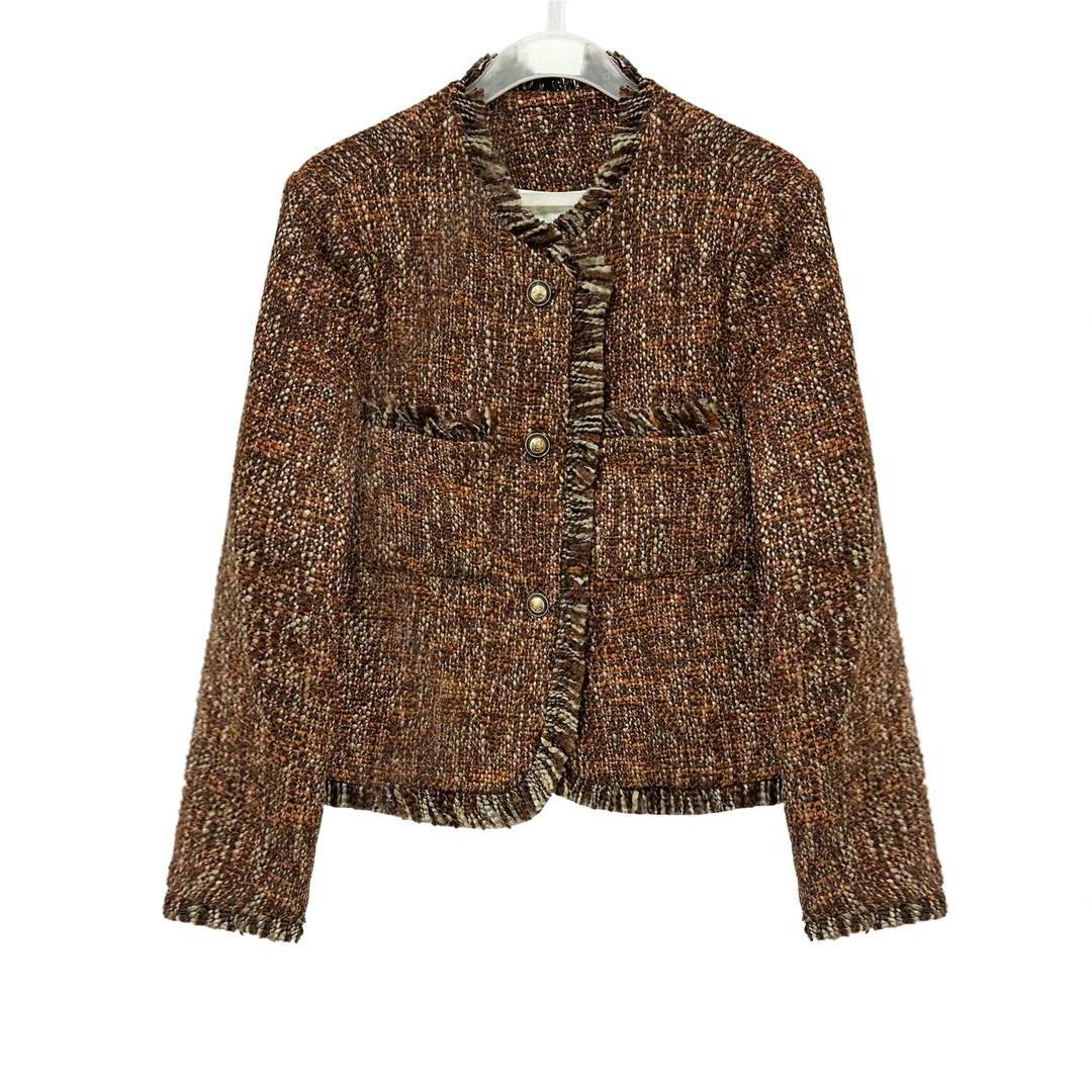 女士粗花呢圆领流苏边小香风外套E713