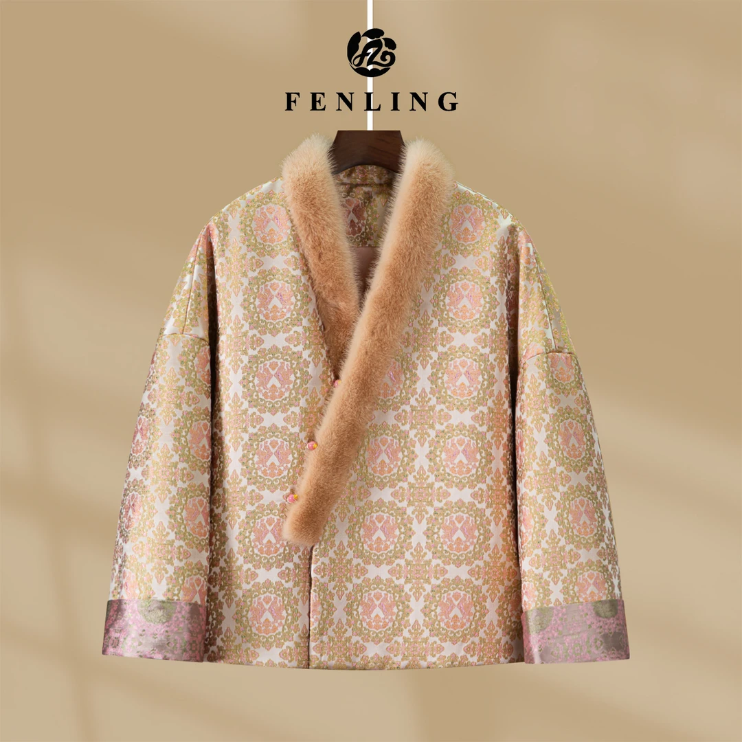 芬领-宝相芙漫-非遗桑蚕丝老宋锦水貂毛羊绒棉服外套上衣WT583