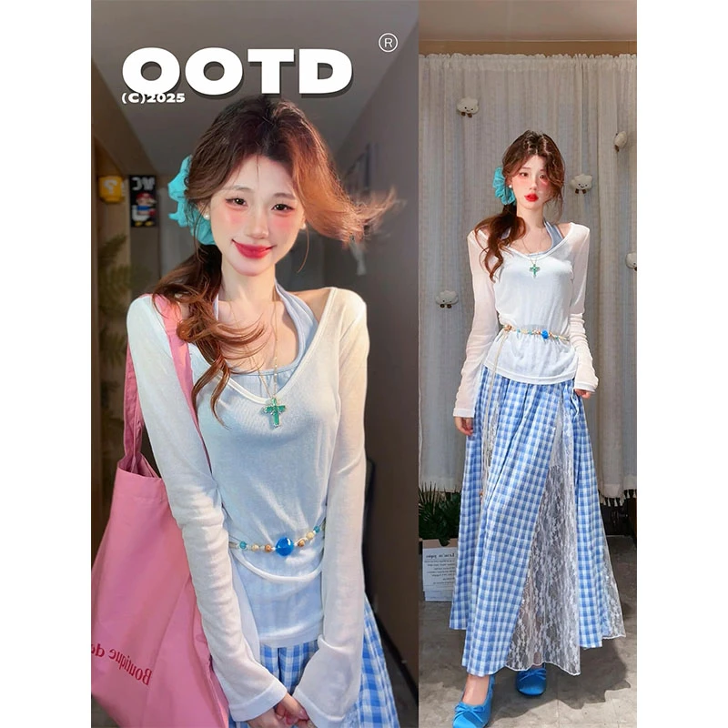 夏季穿搭一整套2025新款时尚微透v领罩衫挂脖背心蕾丝半裙三件套