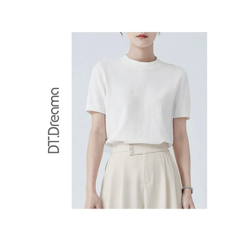 休闲简约大气百搭显瘦圆领针织衫纯色夏季短袖T恤女春夏女士时尚