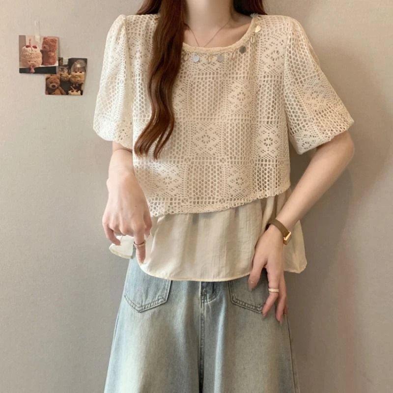 别致镂空假两件短袖衬衫2025夏季新款大码女装微胖mm遮肉小衫上衣