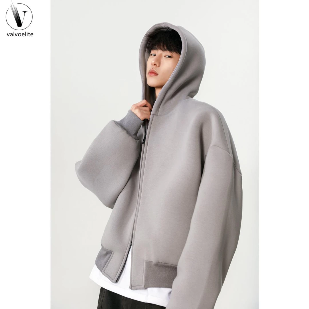 VALVOELITE重磅廓形开衫卫衣男春季新款双拉链设计连帽时尚短款休