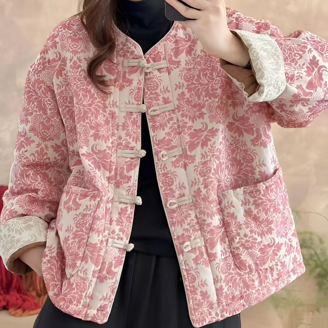 2025新款复古立领撞色对襟盘扣提花亚麻休闲加棉棉衣外套显瘦保暖