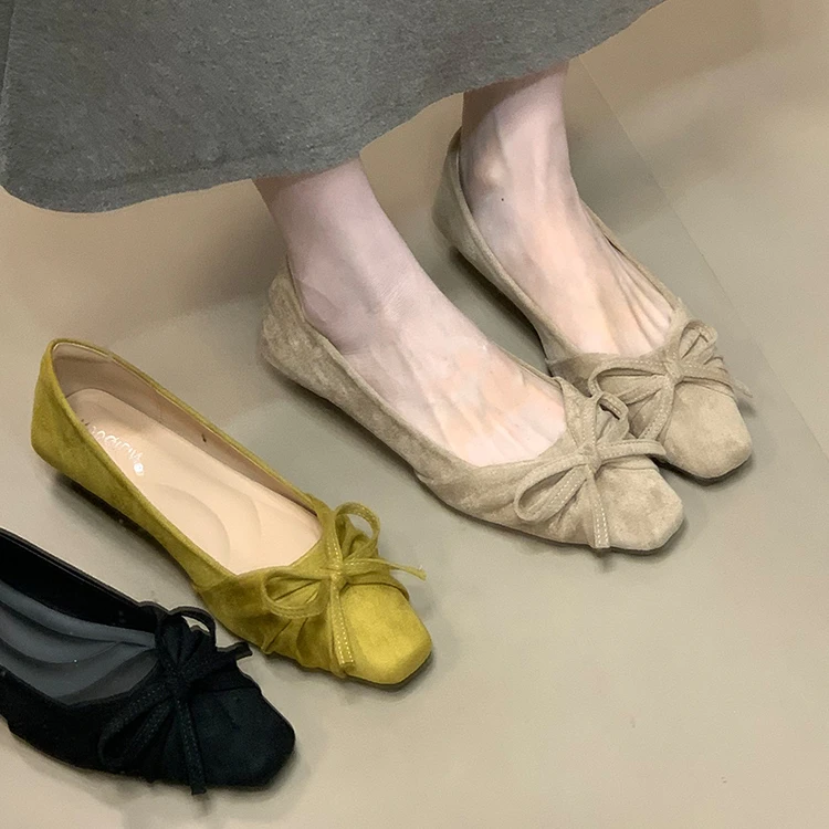 小方头法式蝴蝶单鞋春秋季女鞋平底鞋鞋子蝴蝶结浅口秋季平底女鞋