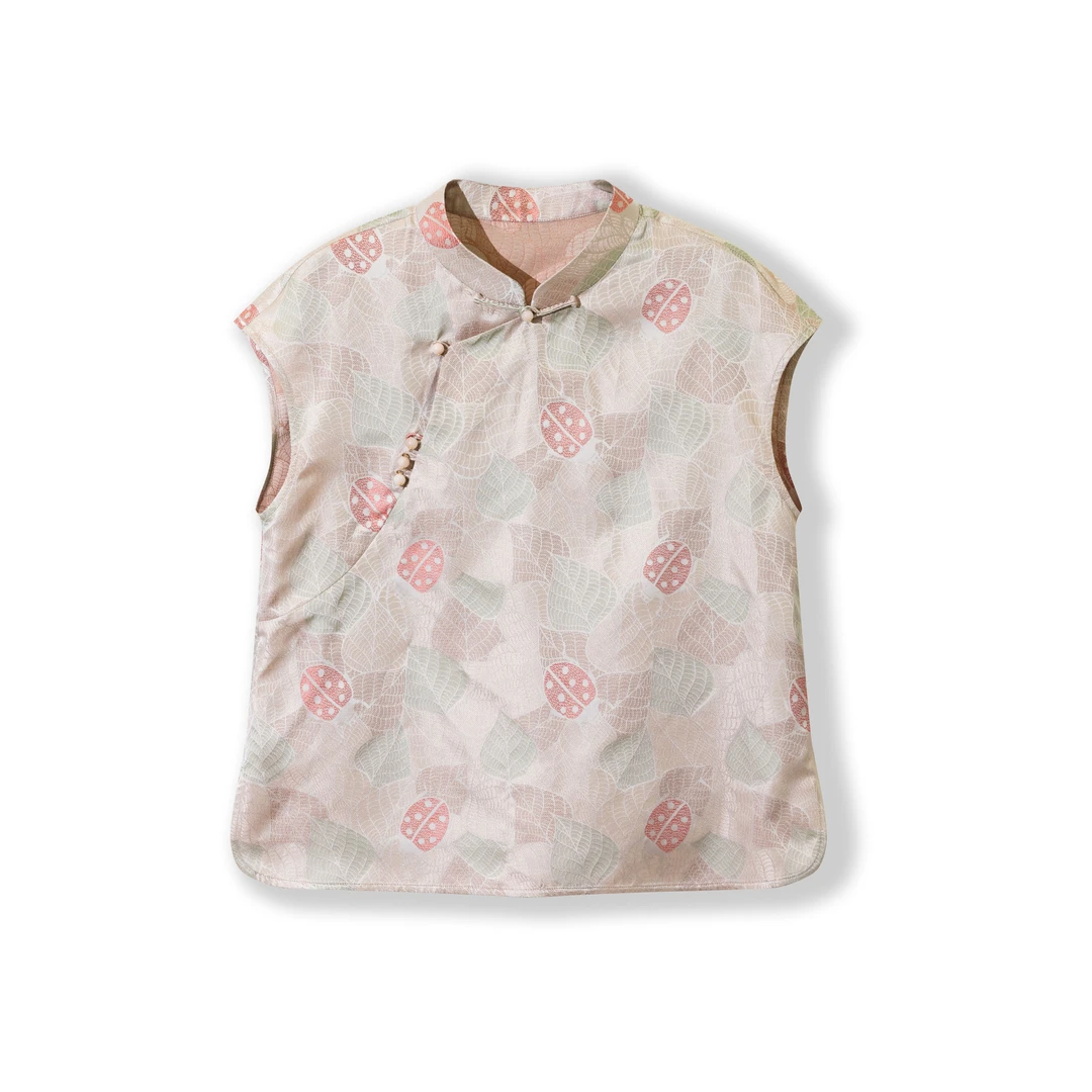 桑蚕丝茶纤维宋锦花萝小飞袖上衣坎肩T恤H25133