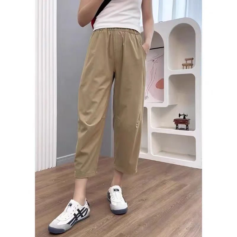 夏季凉感冰丝速干薄款哈伦裤女休闲裤大码宽松小个子运动裤八分裤