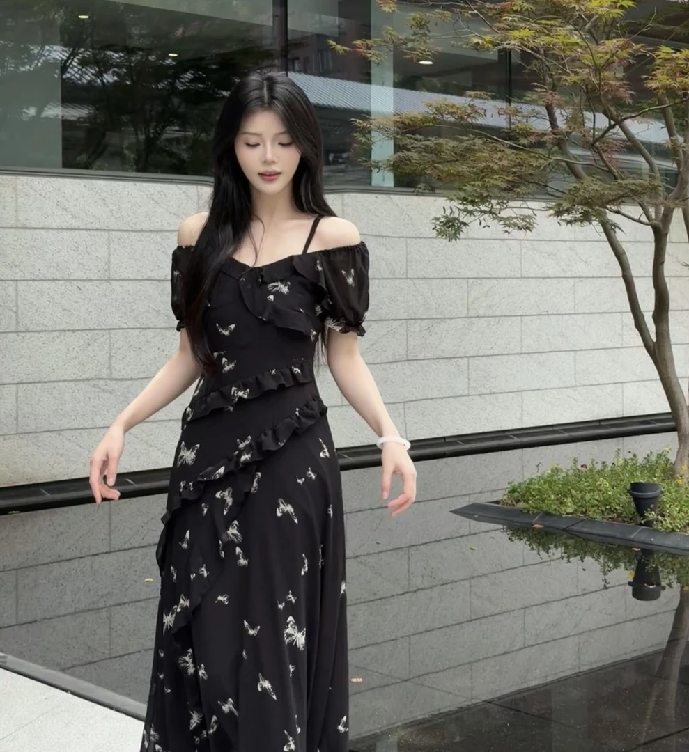 【致爱丽丝2.0】夏季不规则印花蝴蝶碎花掐腰显瘦长裙