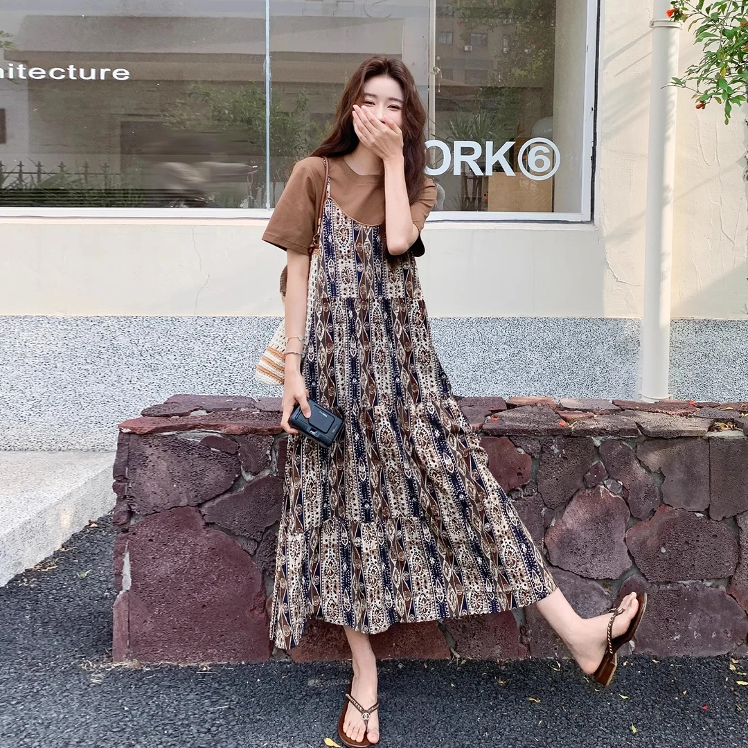 海边度假风套装裙夏季女2025新款松弛感穿搭ins风T恤印花吊带裙潮