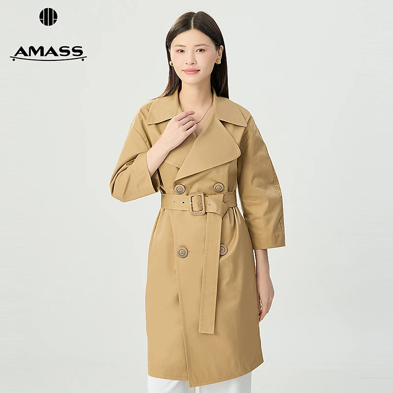 阿玛施AMASS秋季新款经典双排扣H直身版宽松中长廓形风衣5400829