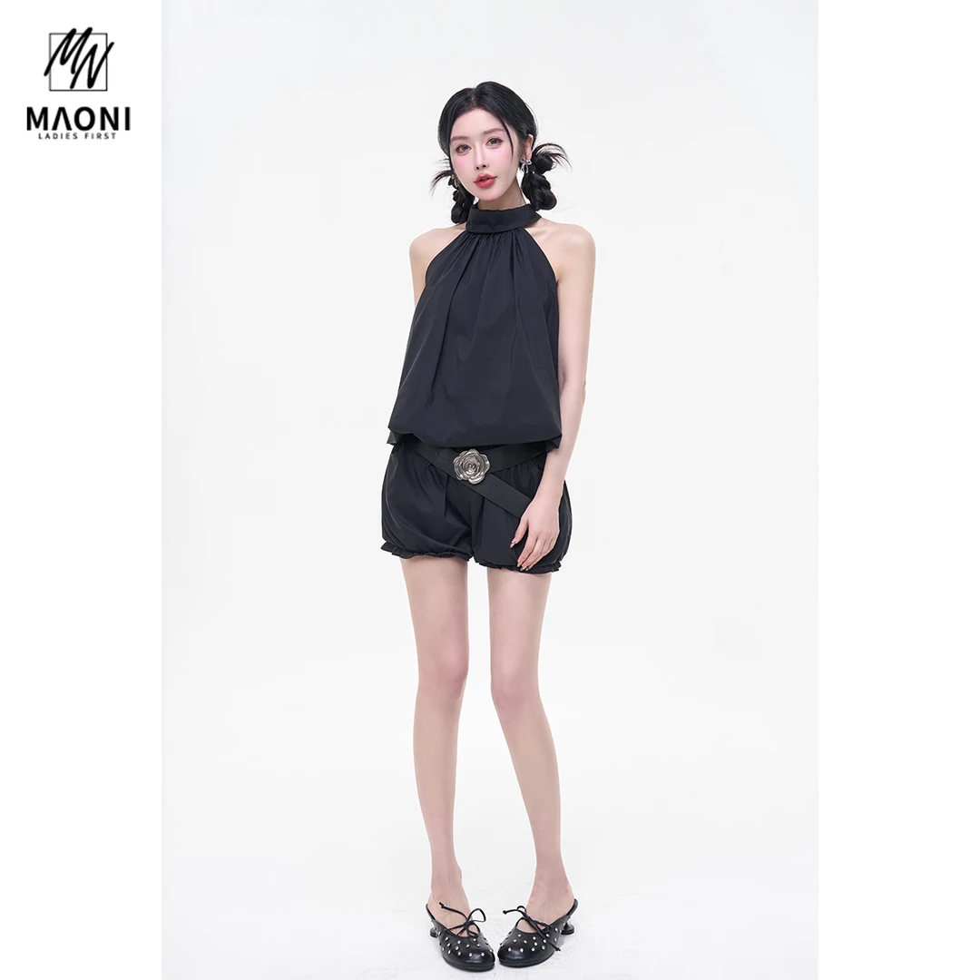 毛妮Peshe【甜妹天菜】辣妹挂脖套装夏露肩上衣+短裤配腰带L1655