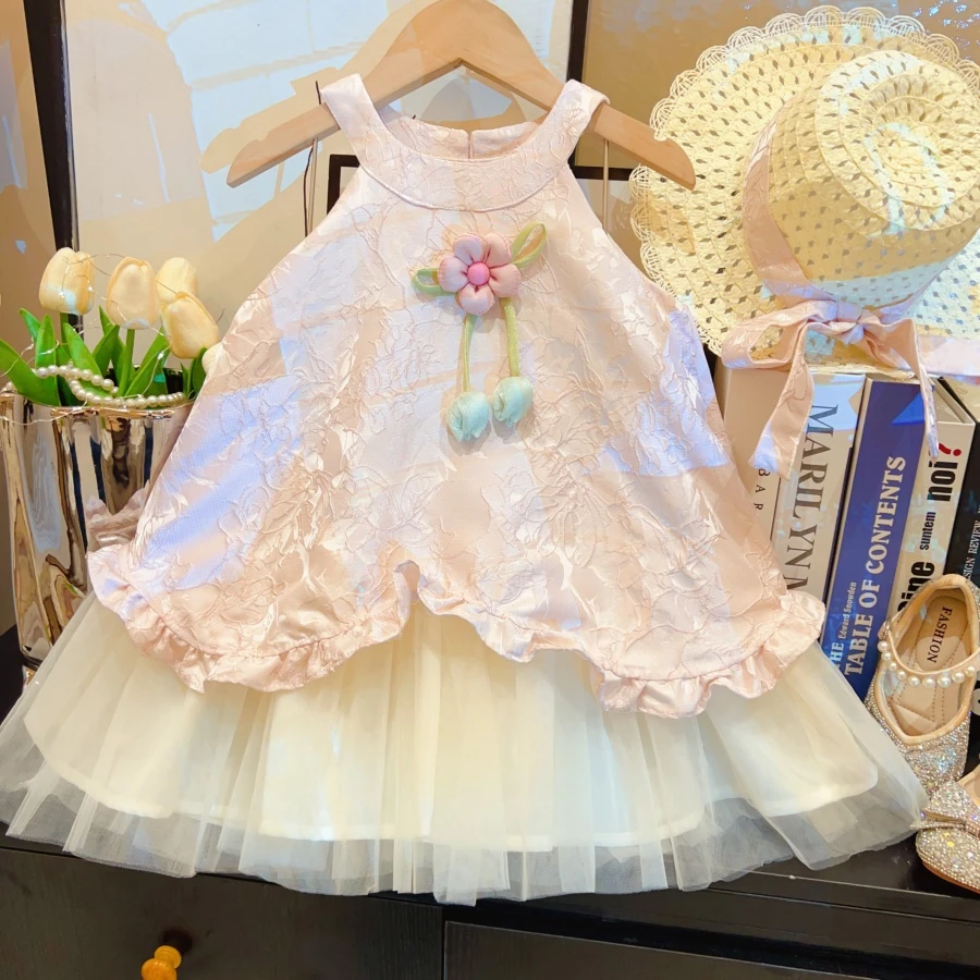 HHkids女童连衣裙2025夏季新款儿童浮雕提花公主背心裙子AQZ253