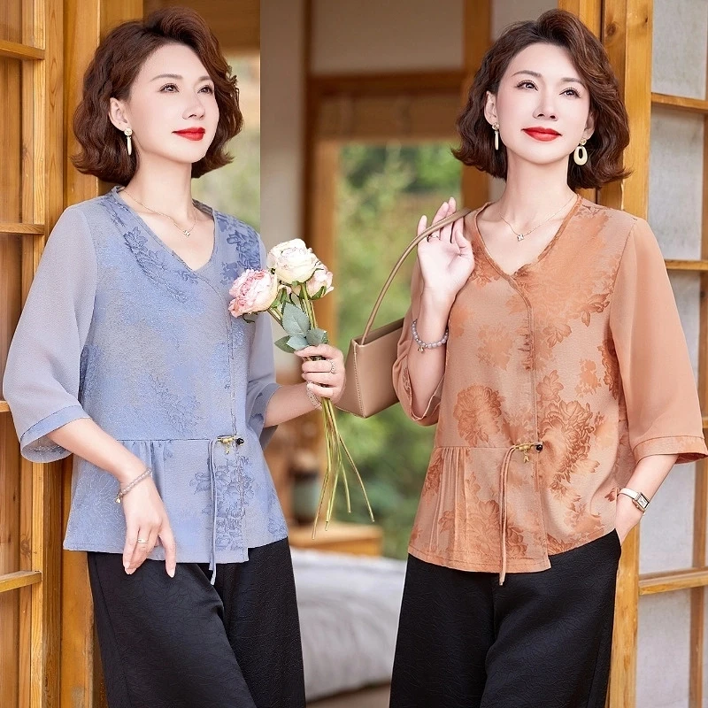 中年妈妈夏装国风衣服短袖小衫2025新款洋气中老年宽松新中式套装