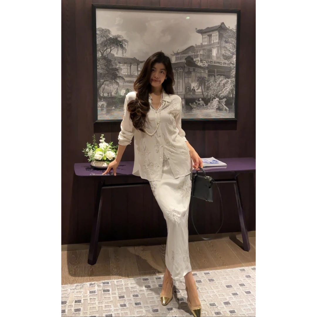 【N·COU】25春新款【时间煮雨】手工钉珠绣花衬衫半裙套装DY7732