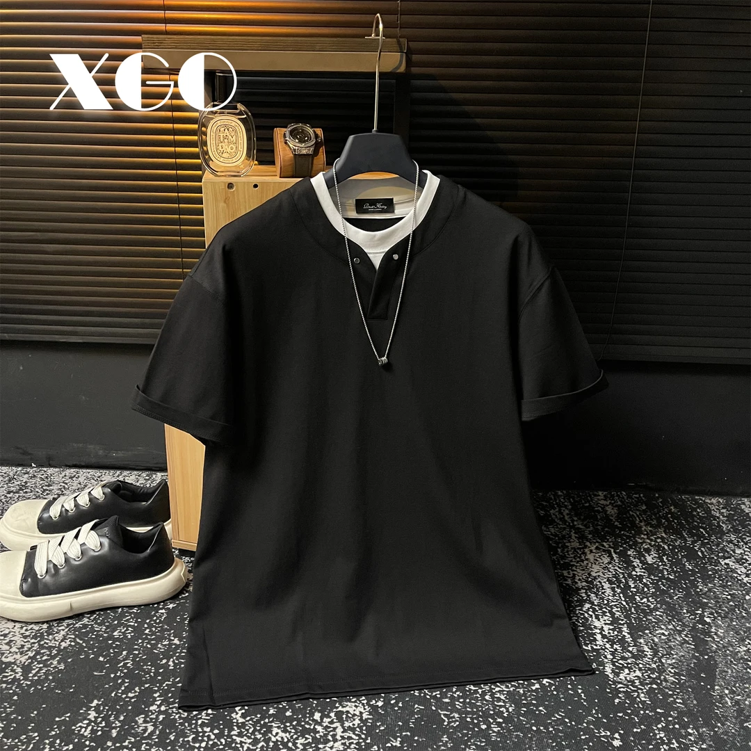 【XGORAD】夏季原创假两件桃领设计简约高级冰感棉圆领短袖T恤男