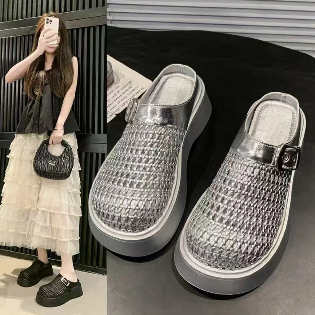 【锦衣服饰】AC 608法式镂空编织包头厚底凉拖