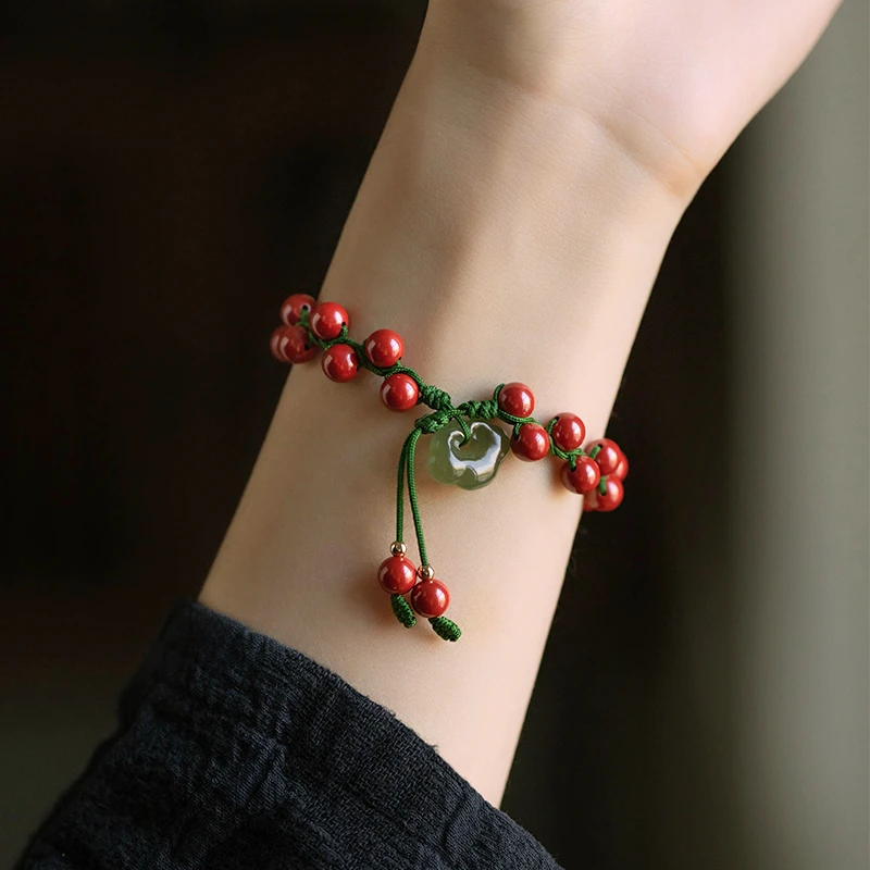 天然辰砂平安锁手串本命年串珠帝王砂红手链纯手编手串朱砂