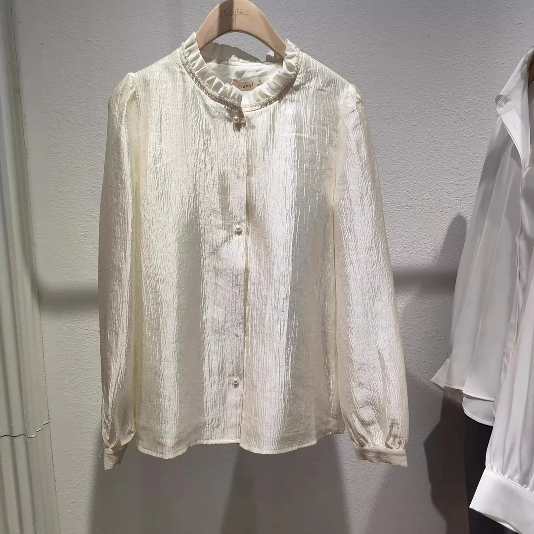 朵以2025新款长袖立领木耳边衬衫上衣40DC131011