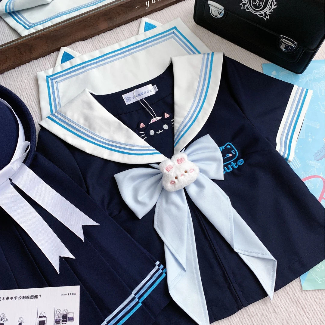 小花猪jk原创鲸落猫绀色甜美可爱水手服女短袖学院日系百褶裙套装
