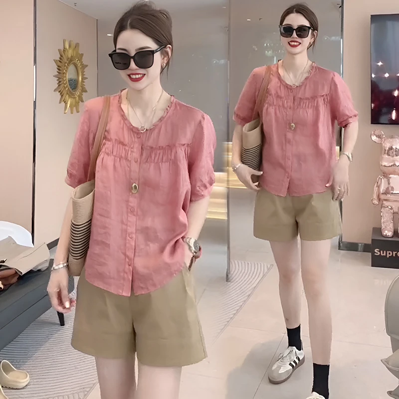 木耳边圆领单排扣短袖衬衫女2025新款爆款小众别致宽松休闲上衣