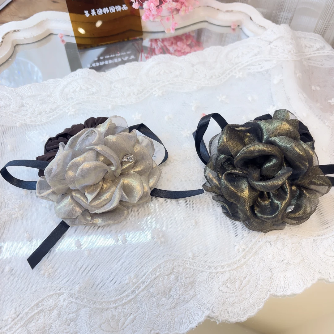 W1142韩系流光设计秋冬简约水光复古飘带花花头绳