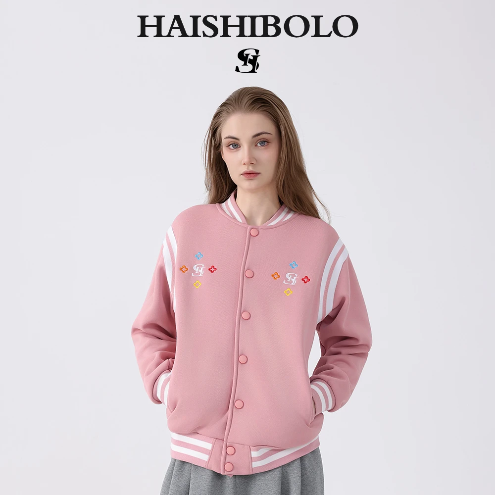 HAISHIBOLO潮牌情侣秋冬季棒球服刺绣花朵休闲运动风女棒球服