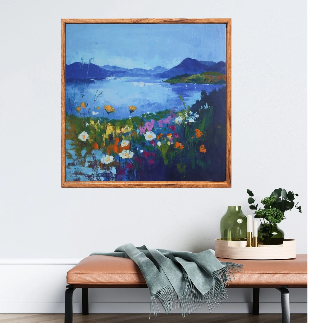 静水花影繁花卉装饰画简约沙发背景墙手绘油画卧室挂画横版