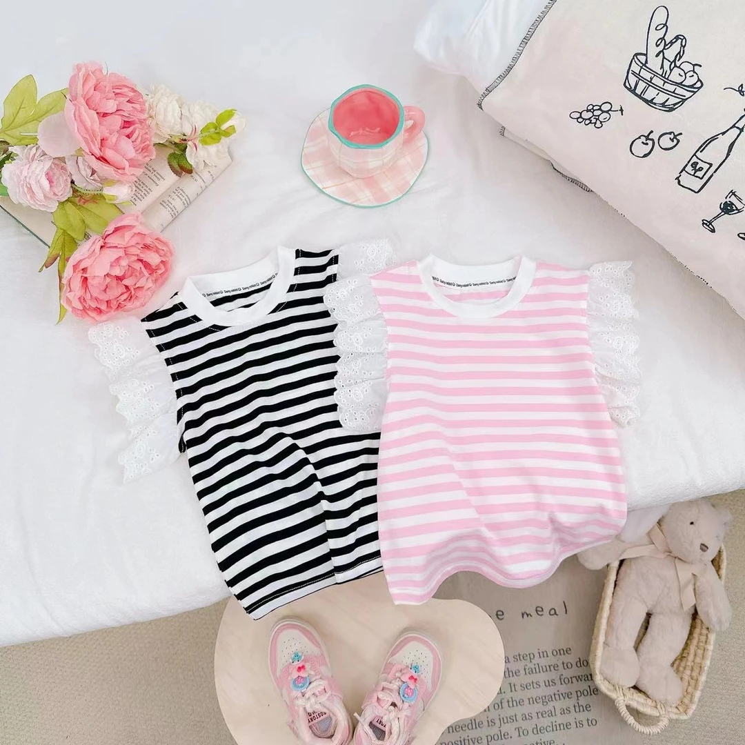 `2024新款夏款时尚条纹无袖花边背心D-F123