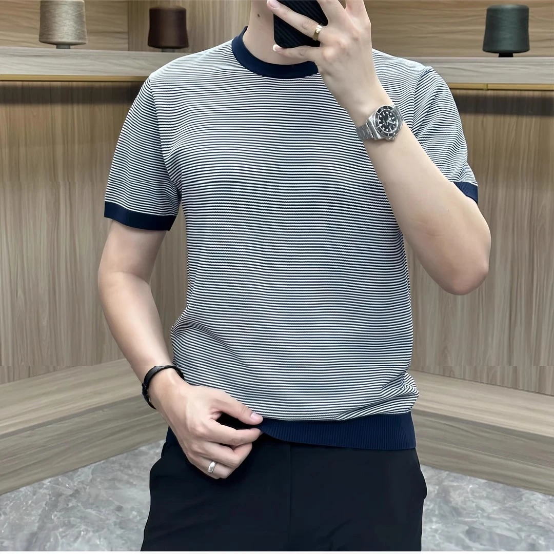 高级条纹针织衫透气舒适商务休闲圆领T恤时尚百搭凉感冰丝短袖潮