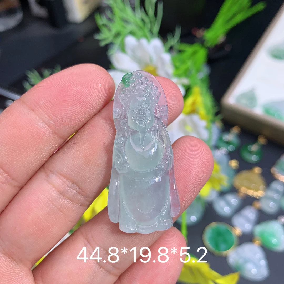 缅甸翡翠A货冰种晴水财神品吊坠种老水足气质百搭精雕精美百