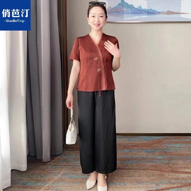 洋气妈妈装夏装新中式短袖小衫套装夏季新款中年女气质上衣两件套